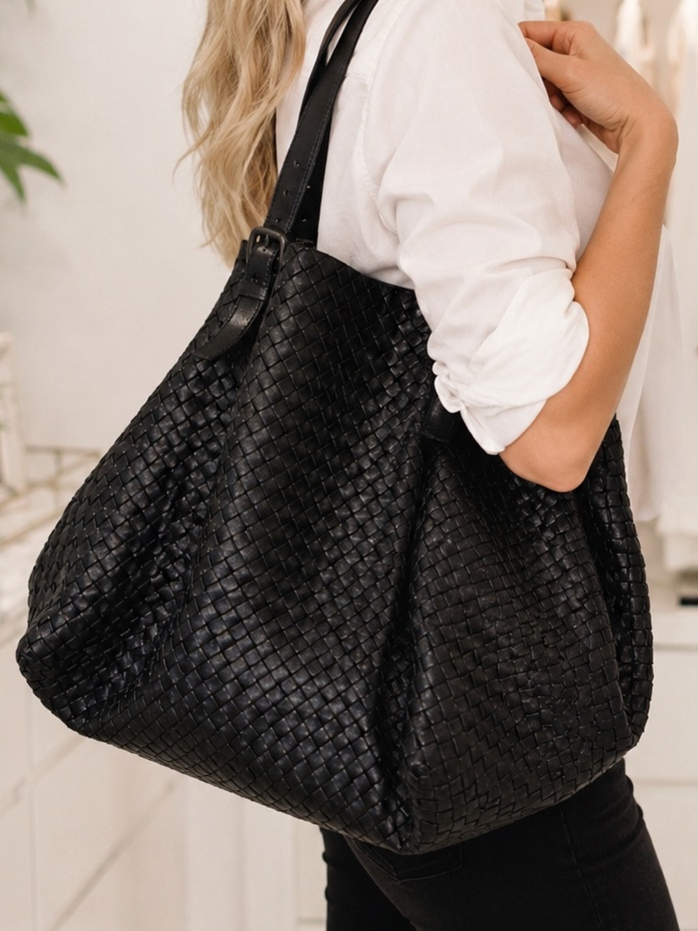 Bottega Veneta Large A-Shape Woven Intrecciato Black Tote Handbag